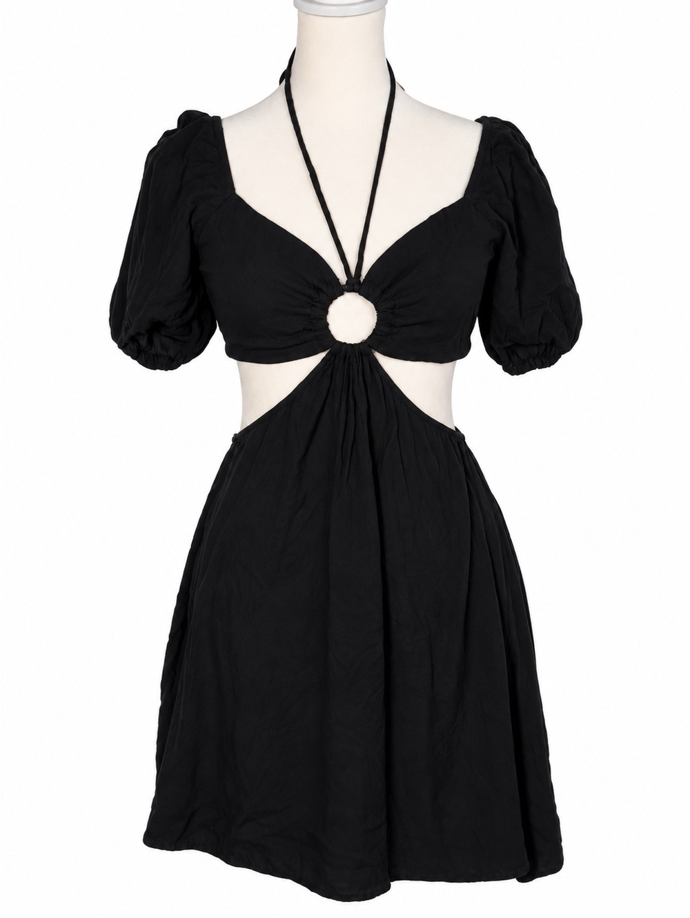 Forever 21 Black Cutout Mini Dress Small Y2K Ring Puff Sleeve Halter